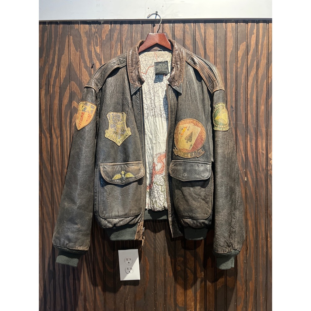 Vintage Avirex Type A-2 Leather Flight Jacket Brown Distressed Military Patches